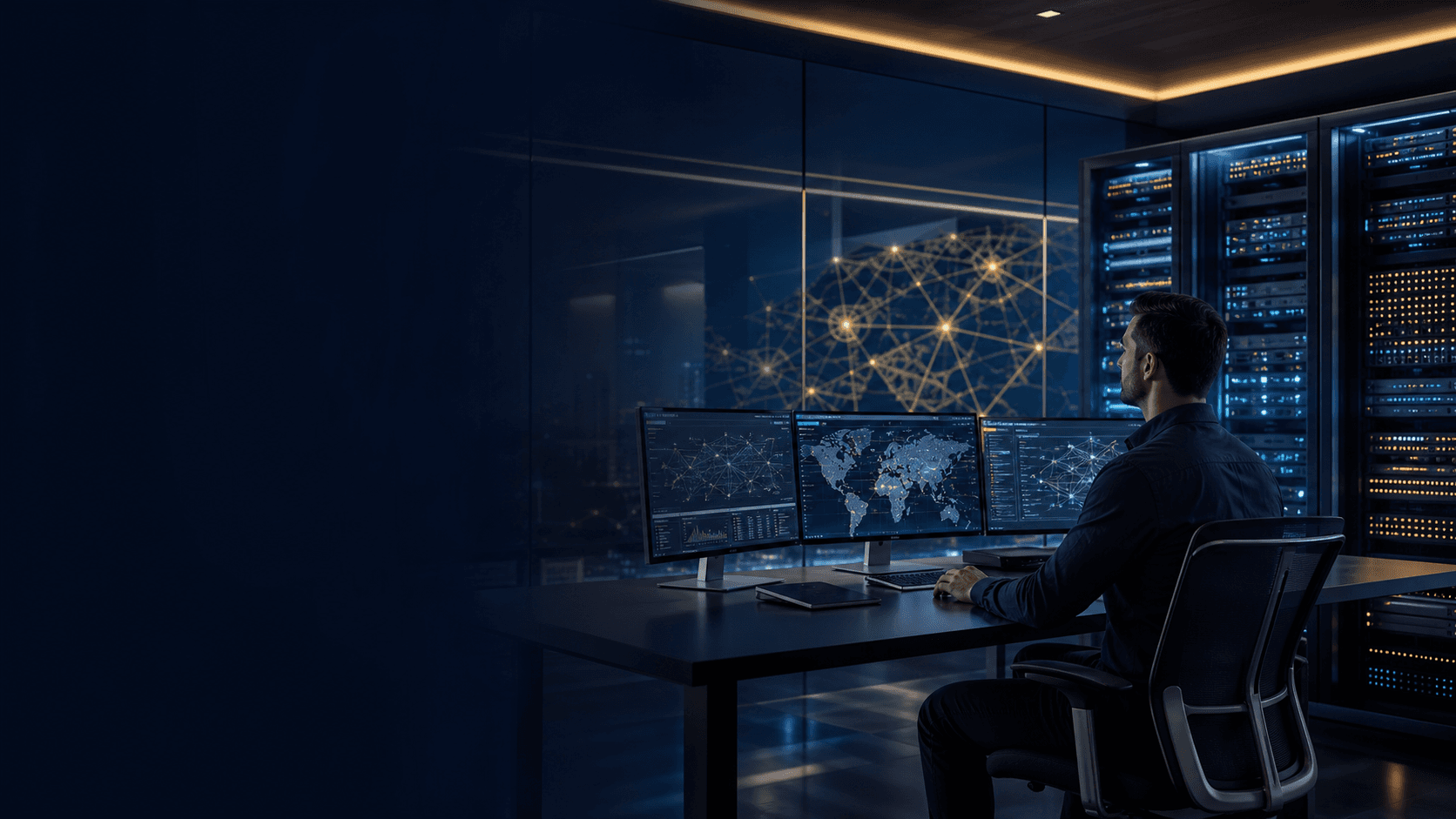 Network operations room with server racks and telecom monitoring displays